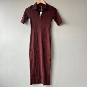 Zara Ribbed Polo Midi Dress Burgundy Brown Size S NWT